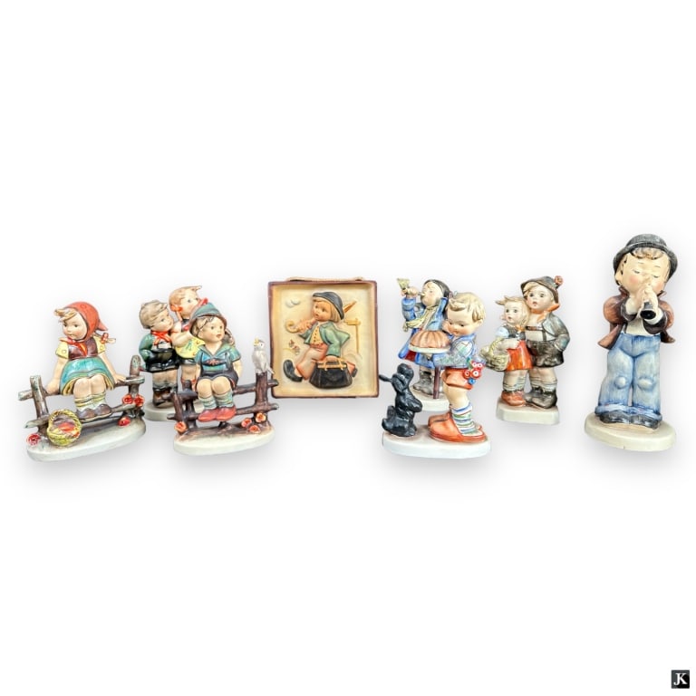 Lot Of 8 Vintage Hummel Goebel Figures & Plaque: Lot of 8 Vintage Hummel Goebel Porcelain Figures and PlaqueA charming collection of eight vintage German porcelain pieces by Hummel Goebel, including various figures and one wall plaque. Each bears th