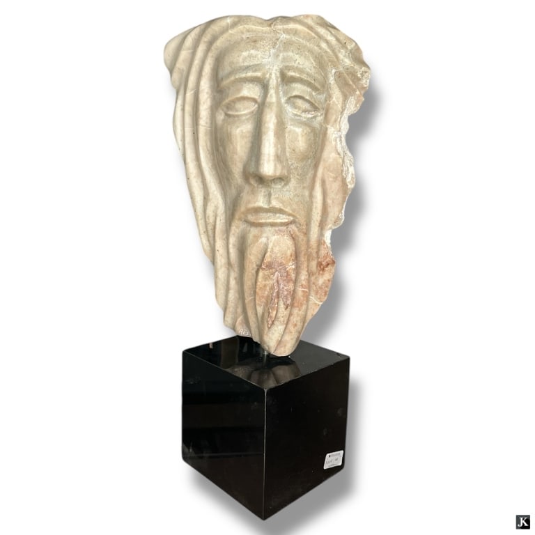 Carved Stone Bust of Man on Base: Carved Stone Bust of Man on Base. Unsigned. Unsigned. Measures 22" H Overall. Stone measures 16" x 11" x 4", Base measures 6" x 6". LA/B13/SH:6A