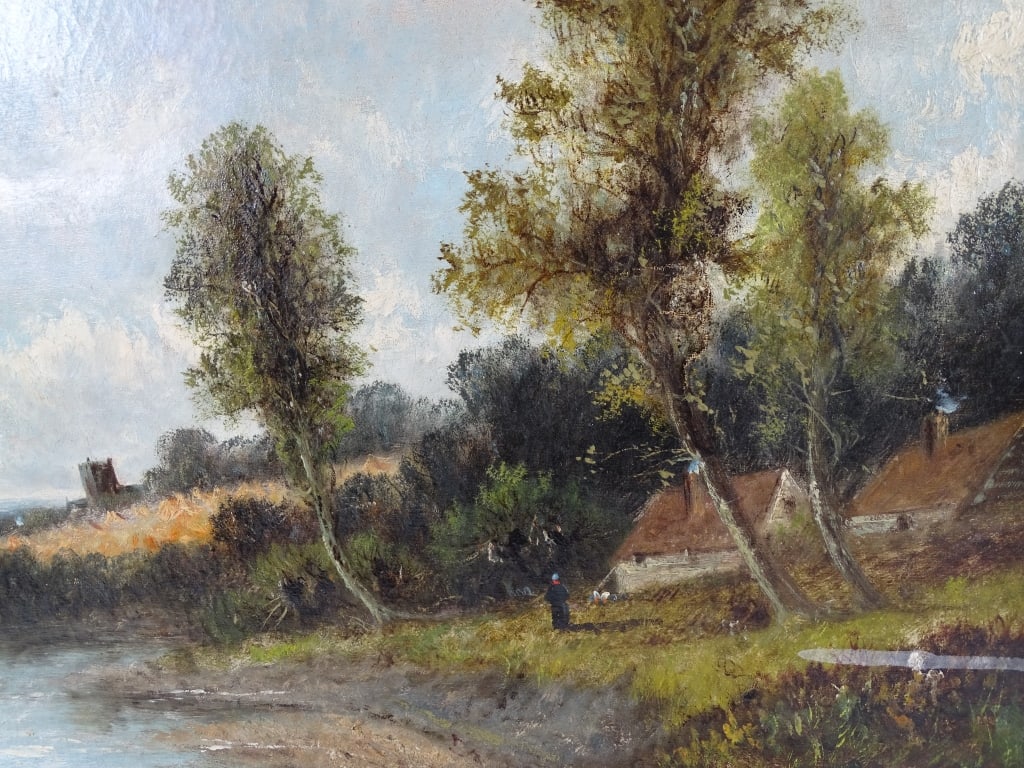 Jessie Hall Oil on Canvas "Summer Landscape": Jessie Hall, UK ( - 1915) Oil on canvas "Summer Landscape". Signed lower left. Tear left center, repair. patch verso. Measures 20" x 29" Frame measures 27" x 36.5". Keywords: British landscape paintin