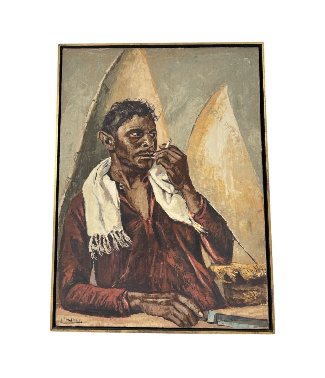 Signed Franco South American Oil Painting / Canvas: South American, Brazilian oil painting on canvas depicting a smoking man with toothpick and sailboats seen in the background. Signed to lower right. Probably circa 1960's. Mounted in a wooden frame. C