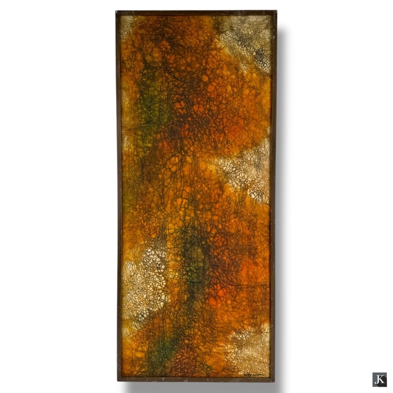 Vintage Asian Batik Painting on Silk: Vintage Asian Batik Painting on Silk. Signed lower left. Good condition, wear to frame. Measures 21" x 48-1/4". LA/B13/RR