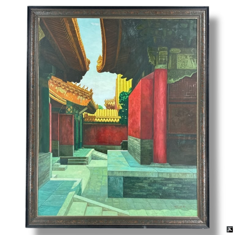 Vintage 1995 Chinese Architectural Oil on Canvas: Vintage 1995 Chinese Architectural Oil on Canvas. Perhaps depicting "The Forbidden City". Signed and dated 1995, lower right. Good condition. Measures 36" x 29", frame measures 39-3/4" x 32-3/4". LA/B