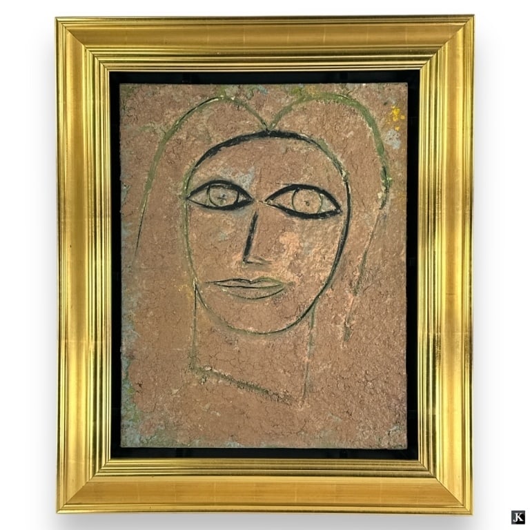 Jamali Cork, Fresco Tempera "Portrait of a Woman": Jamali, Pakistani/American (b 1944) Large and HEAVY Cork, Fresco Tempera "Portrait of a Woman". Signed verso by artist, Label verso: Gallery Art and Peace, Winter Park, FL #7648. The artist is known f