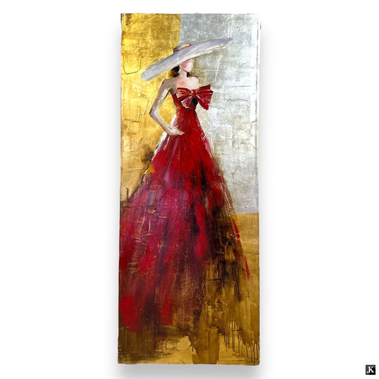 Decorative Acrylic on Canvas "Lady In Red Dress": Decorative Acrylic on Canvas "Lady In Red Dress". Unsigned. Unframed. Measures 59-1/2" x 24". LA/B13/RR