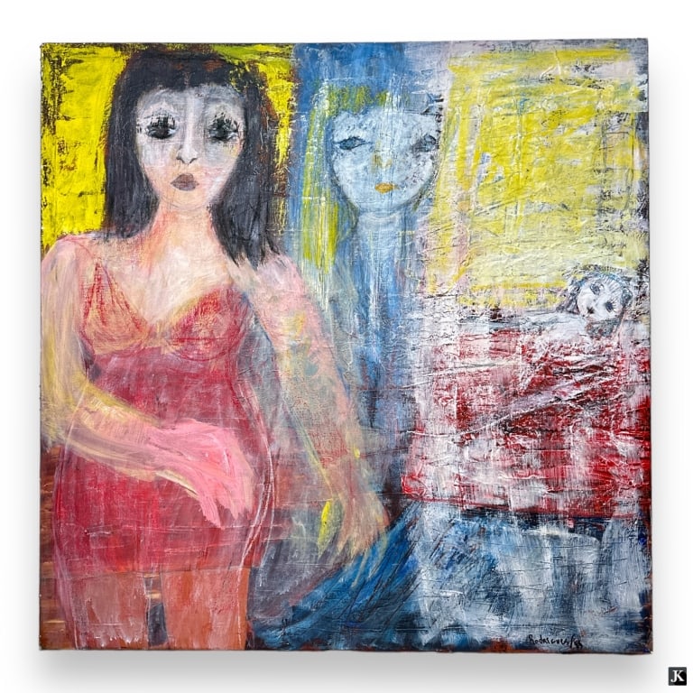Hegina Rodrigues Oil/Canvas "Mothers & Child": Hegina Rodrigues, Brazil (20/21st C) Oil on Canvas "Mothers & Child". Signed and dated '85 lower right. Good condition. Measures 46" x 46". Keywords: Hegina Rodrigues, Brazilian artist, oil painting, 