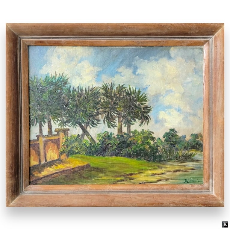 Richter 1943 Landscape Oil Painting On Board: Richter oil painting on artist canvas board depicting a landscape scene with palm trees. Signed to lower right and dated 1943. Mounted in a wooden frame. Board Measures approx. 16" height x 20" width.