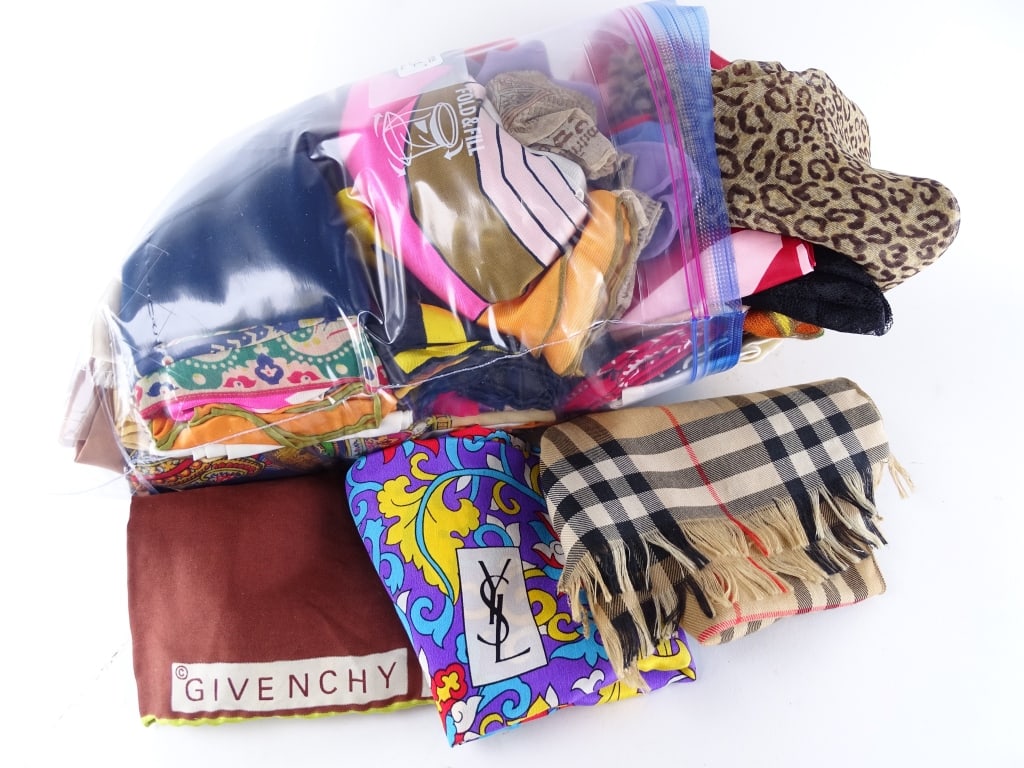 Assorted Lot Vintage And Designer Scarves Kerchief: Huge lot of assorted scarves, handkerchiefs and bandannas, 46 pieces. Most are unbranded, some are branded 'Givenchy' and 'Yves Saint Laurent'. Many different sizes, styles and colors. Also different