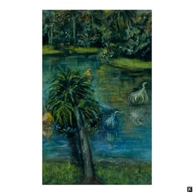 Signed Original Pastel Drawing "Palms on Lake"