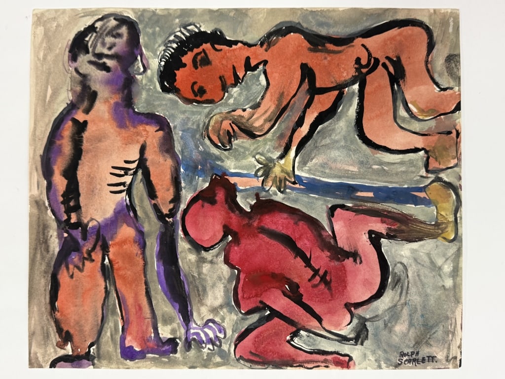 Rolph Scarlett (1889-1984) Mixed Media/Paper: Rolph Scarlett, Canada (1889-1984) mixed media on paper "Abstract Figures". Signed lower right. Minor wear along the edges of the work, otherwise in good condition. Measures 14" x 16 1/2" 1B