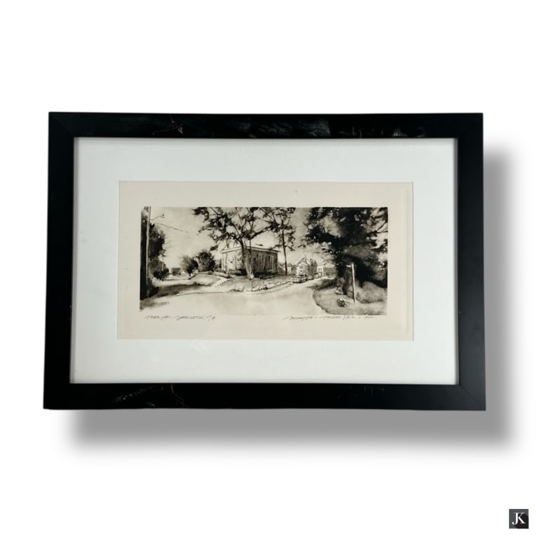 Tucker Hill Monotype "Town Hall, Washington, VA": Tucker Hill,American (20/21st C) Monotype "Town Hall, Washington, VA". Pencil signed, titled by artist. Framed, matted and presented under plexi-glass. Frame with some scratches, image in good conditi