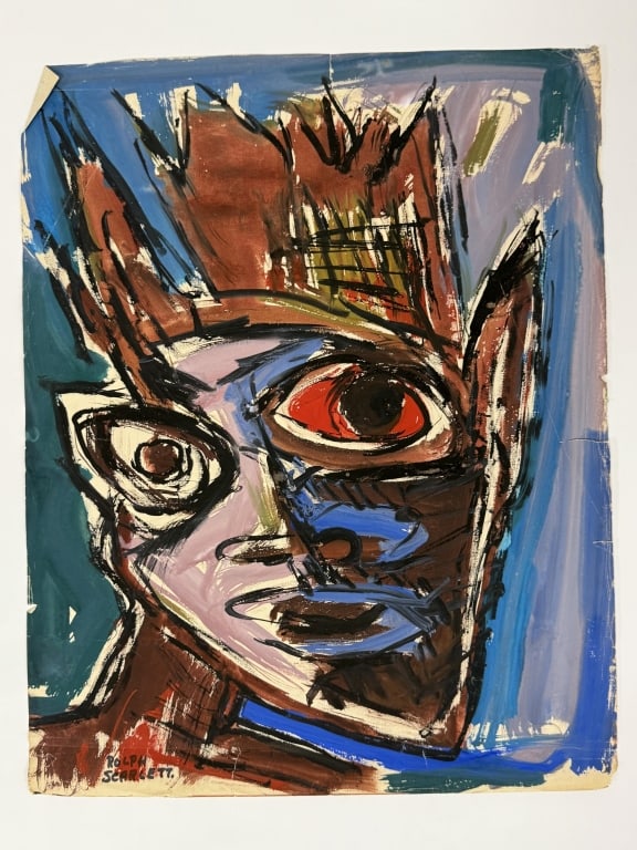 Rolph Scarlett (1889-1984) Gouache/Paper: Rolph Scarlett, Canada (1889-1984) goucahe on paper "Abstract Portrait". Signed lower left. Small tears and creases along the edges of the work, otherwise in good condition. Measures 23 1/2" x 18 3/4"