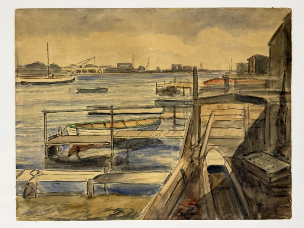 Otto Nielsen (1877-1959) Watercolor/Board: Otto Nielsen, Denmark (1877-1959) watercolor on board "Harbor Landscape". Signed lower left. Wear along the edges of the work, otherwise in good condition. Measures 21" x 27 3/8" 7A