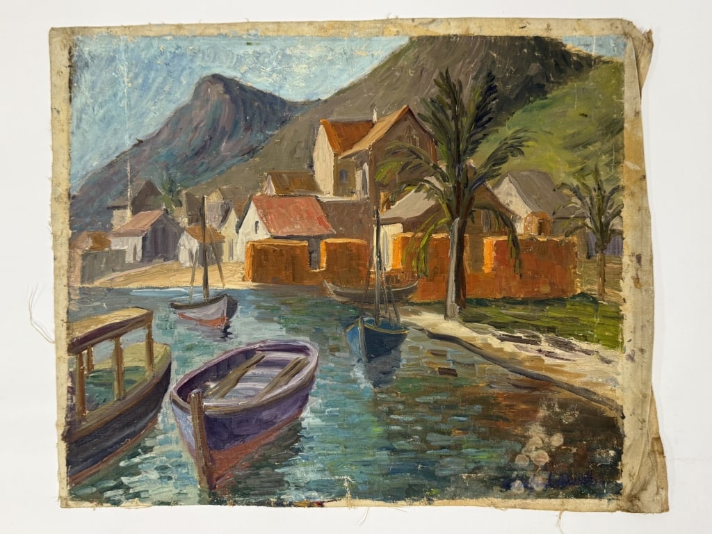 Hildegarde Hamilton (1898-1970) Oil/Canvas: Hildegarde Hume Hamilton, American (1898-1970) oil on canvas "Shoreline". Signed lower right (partly illegible). Unframed. Wear along the edges of the work and paint cracking along the top, otherwise