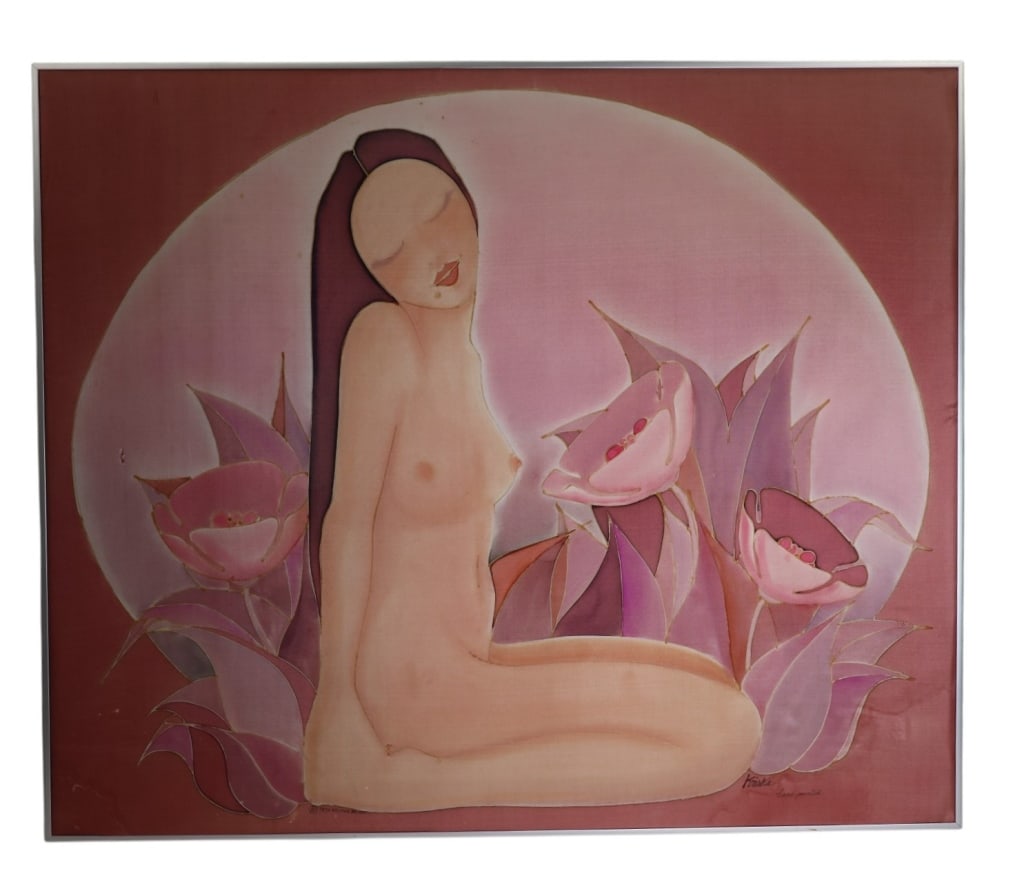 Vintage Painting on Silk "Seated Nude": Vintage Painting on Silk "Seated Nude". Signed Krista lower right. Framed. Some light moisture stains or in good vintage condition. Measures 30-1/2" x 36-1/4" overall including frame. Keywords: vintag