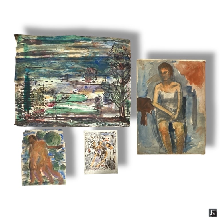 Vincent Drennan 4 Watercolors on Paper, 1940's-50s: Vincent Drennan, American (Born 1902) 4 watercolors on paper. Signed. Unframed. Toning, edge tears, condition consistent with age and storage. Measures approx. 18" x 23", 17-3/4" x 19". LA/B13/SH:16A