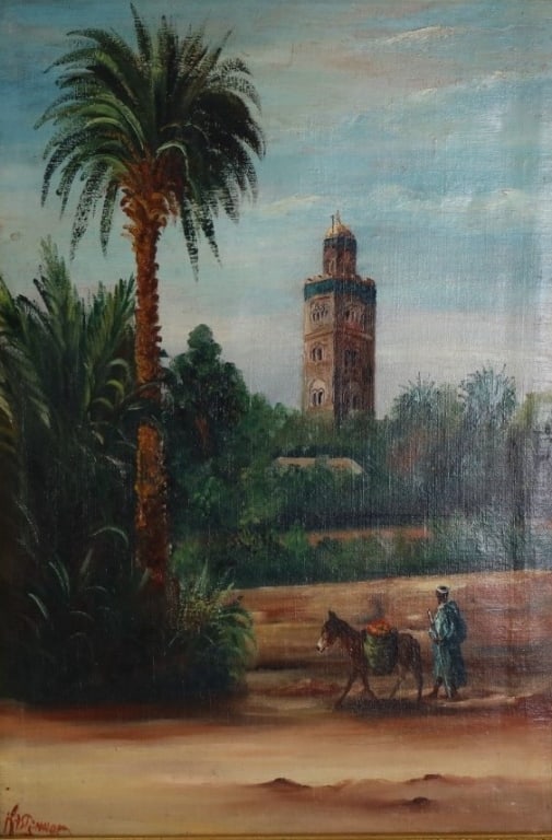 Vintage Oil on Canvas "Marrakesh, Morocco": Vintage Oil on Canvas "Marrakesh, Morocco". Signed lower left. Good condition. Measures 23-1/2" x 15-3/4", frame measures 28-3/4" x 21-3/8". Keywords: Marrakesh painting, Morocco oil on canvas, vintag
