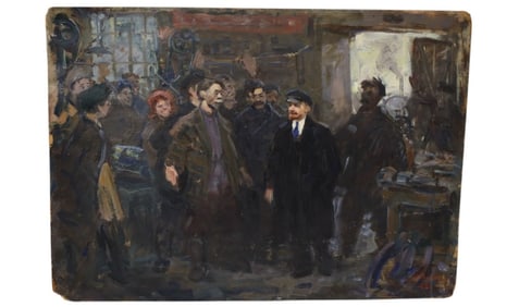Soviet Era Oil on Cardboard "Lenin at the Factory"