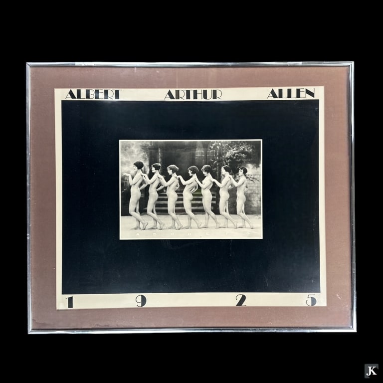 Albert Arthur Allen "The Chorus Line" Vintage Prin: Albert Arthur Allen 1925 vintage poster print from "The Model Series No. 1" depicting "The Chorus Line" with 7 nude females. Mounted in a silver tone metal frame with mat behind glass screen. Paper me