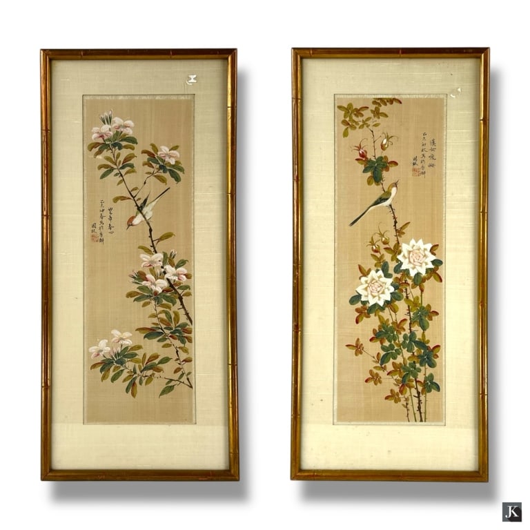 Pair Vintage Japanese Paintings on Silk: Pair Vintage Japanese Paintings on Silk. Depicts Birds on flowering branch. Signed and stamped. Framed, matted and presented under glass. Each measures 31" x 14-1/4". Good condition. LA/B13/SH:17B