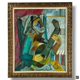 Vintage Cubist Oil on Canvas "Guitar Player"