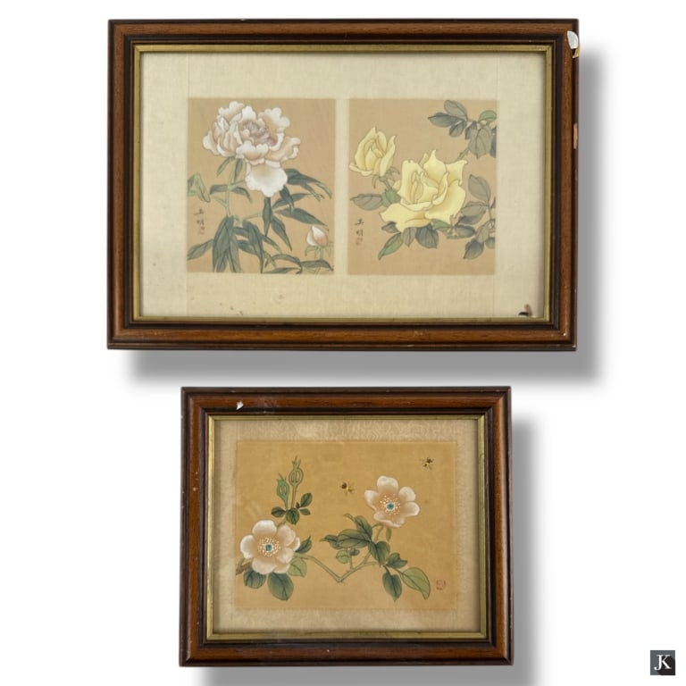2 Vintage Japanese Paintings on Silk: 2 Vintage Japanese Paintings on Silk depicting flowers. Stamped seal marks. Framed and under glass. Measures 12" x 10" and 12" x 17". Good condition. LA/B13/SH:17B