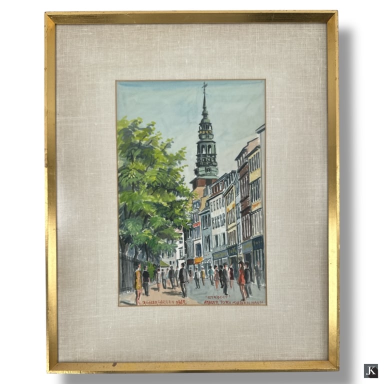 Roager Larsen W/C Stroget" Amager Torv Koben Havn: Roager Larsen, Denmark (1914-1978) Watercolor on paper'"Stroget" Amager Torv Koben Havn'. Signed and dated 1969 lower left. Framed, matted and presented under non-glare glass screen. Good condition. M