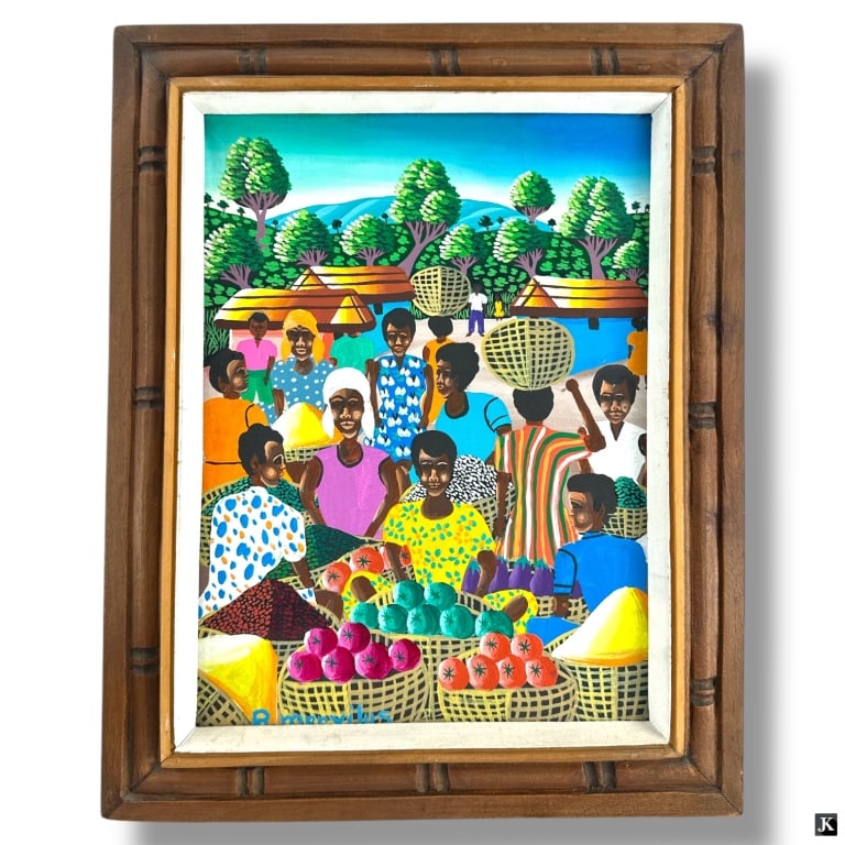 Artist Unknown, Signed Haitian Painting: Artist Unknown, Signed Haitian Painting. Signed Lower Left. Basket of fruits. oil on canvas. Total Framed Measures 20 1/2 inches high x 16 1/2 inches wide. approx. LA/B13/SH:8A