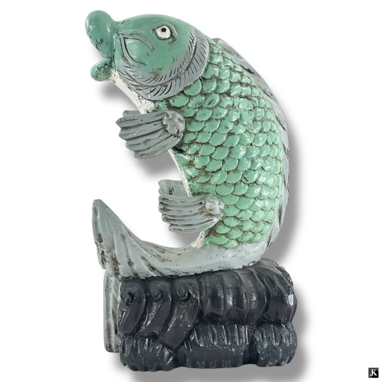 Vintage Carved Wood Koi Fish Decorative Sculpture: Vintage Carved Wood Koi Fish Decorative Sculpture. Good condition. Measures 21" H x 12" x 6-1/2". LA/B13/SH:8B