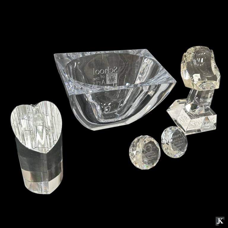 Dorothy Lappin Educational Philanthropic Trophies: A collection of 5 crystal and glass various philanthropic and educational trophies awarded to Palm Beach socialite Dorothy L. Lappin, founder of the Dorothy L. Lappin Foundation.. Tallest measures app