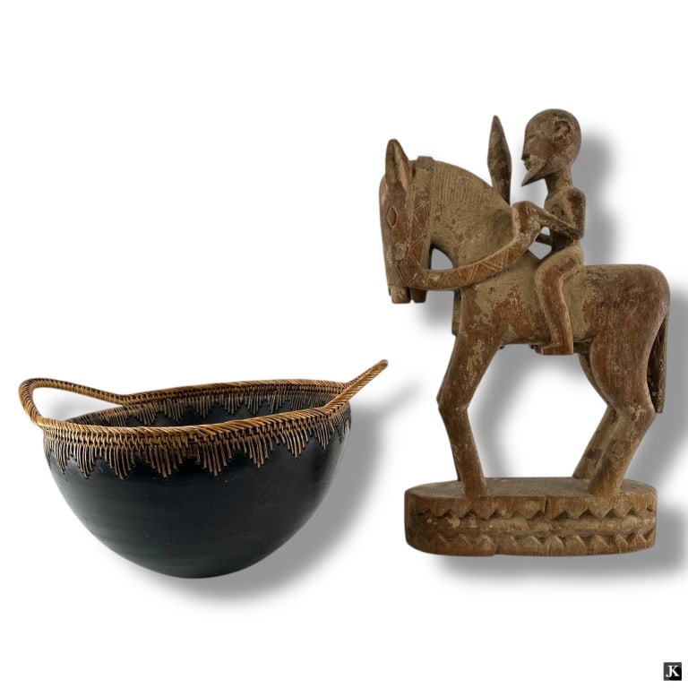 Vintage African Wood Bowl and Figural Wood Carving: Vintage African Wood Bowl and Figural Wood CarvingLot includes:Hand-carved wooden bowl with side handles and woven wicker decoration. Unsigned.Measurements: 6-1/2" H x 15" WCondition: Good overall con
