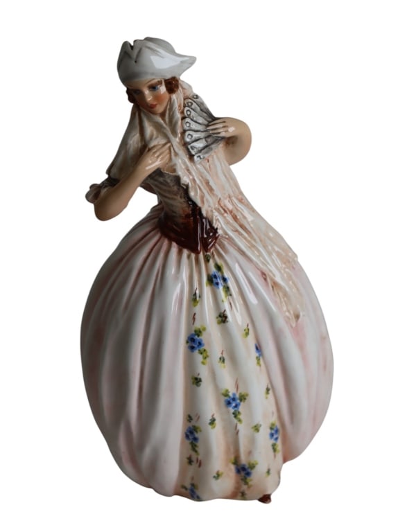 Italian Ceramic Fancy Woman Balloon Dress Figurine: Striking hand painted figurine made in Italy. Beautiful display piece. Very intricate details all throughout the figure and a great color palette as well. Very minimal signs of wear, in an overall goo