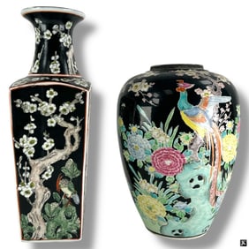 2 Vintage Chinese Famille Noir Porcelain Vases