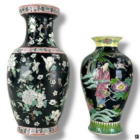 2 Vintage Chinese Famille Noir Porcelain Vases