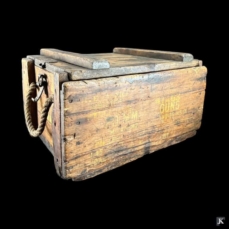 WWI MK-1 20MM Cannon Round Ammunition Box: World War 1 wooden MK-1 20mm tank cannon round storage box. Measures approx. 10 1/4" height x 18" width x 13" depth. Shows loss and wear associated with age and use. Keywords: WWI military relic, MK-1