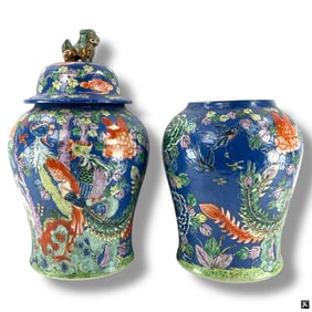 2 Vintage Chinese Blue Flowers, Birds Ginger Jars