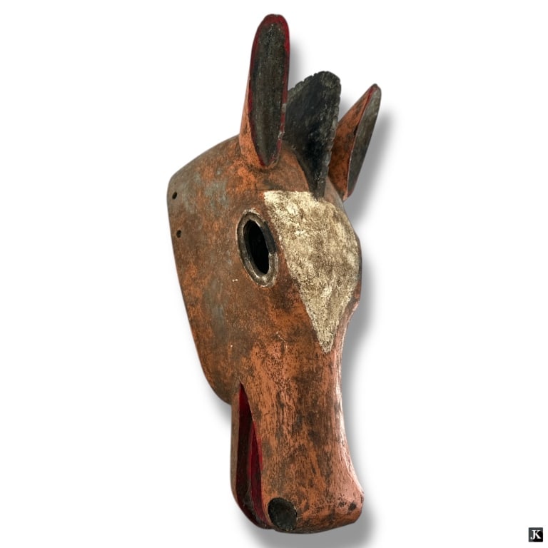 Vintage African Polychrome Wood Zoomorphic Mask: Vintage African Polychrome Wood Zoomorphic Mask. Unsigned. Light wear or in overall good condition. Measures 18" x 7". LA/B13/SH:2B