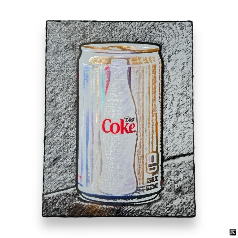 Mystery Artist Oil/Board "Diet Coke, 2011": Mystery Artist Oil on wood board "Diet Coke, 2011". Signed/inscribed verso. Good condition. Measures 23-1/2" x 18". Keywords: oil on wood board, Diet Coke 2011, signed verso, contemporary art, mystery