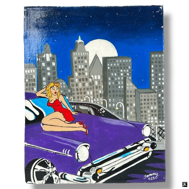 Tommy - Pop-Art Acrylic on Canvas "Pop-Up 57 Chev": Contemporary Pop-Art Acrylic on Canvas "Pop-Up 57 Chev". Signed Tommy 9-22. Unframed. Good condition. Measures 14" x 11". LA/B13/SH:1B