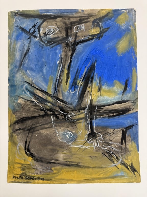 Rolph Scarlett (1889-1984) Gouache/Paper: Rolph Scarlett, Canada (1889-1984) gouache on paper "Abstract Figure". Signed lower left. MInor wear along the edges of the work, otherwise in good conditon. Measures 23 1/2" x 17 3/4" 7A