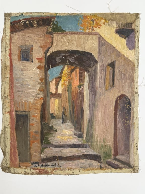 Hildegarde Hamilton (1898-1970) Oil/Canvas: Hildegarde Hume Hamilton, American (1898-1970) oil on canvas "Street Scene". Signed lower left. Some cracking and minor paint loss, otherwise in good condition. Measures 24 1/2" x 21 1/2" 7A