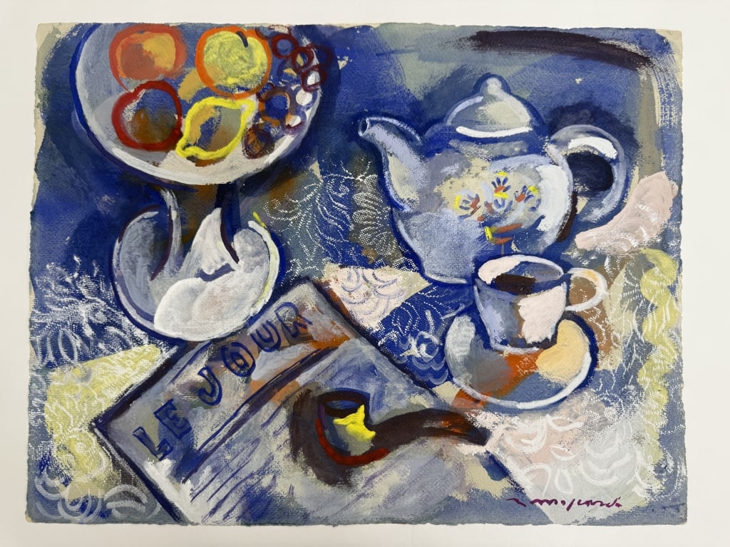 Artist Unknown Gouache/Paper "Abstract Still Life": Artist unknown couache on paper "Abstract Still Life". Signed illegibly lower right. More writing and '89 verso. Minor wear along the edges of the work, otherwise in good conditon. Measures 19 3/4" x