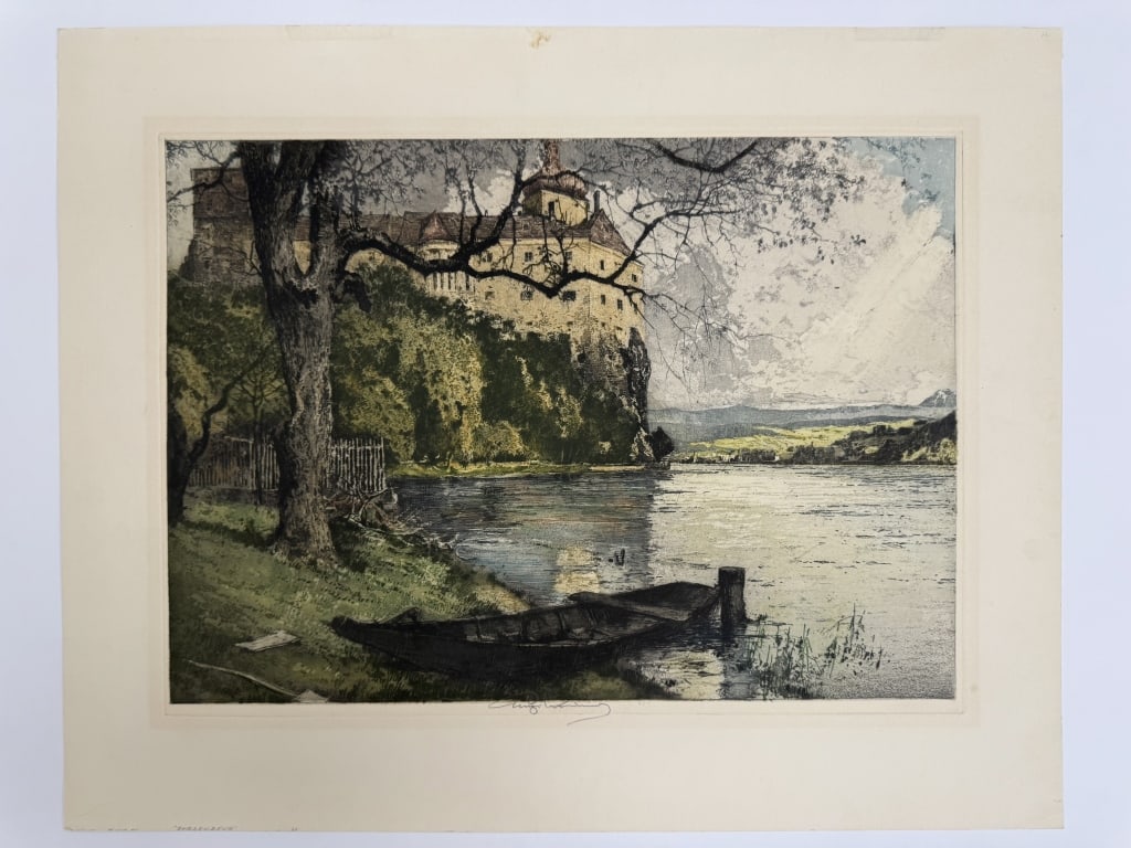 Luigi Kasimir (1881-1962) Color Etching: Luigi Kasimir, Slovenian (1881-1962) color etching "Persenbeug Castle, Austria". Signed in pencil lower center. Unnumbered. Titled lower left. Minor blemishes along the borders of the paper, otherwise
