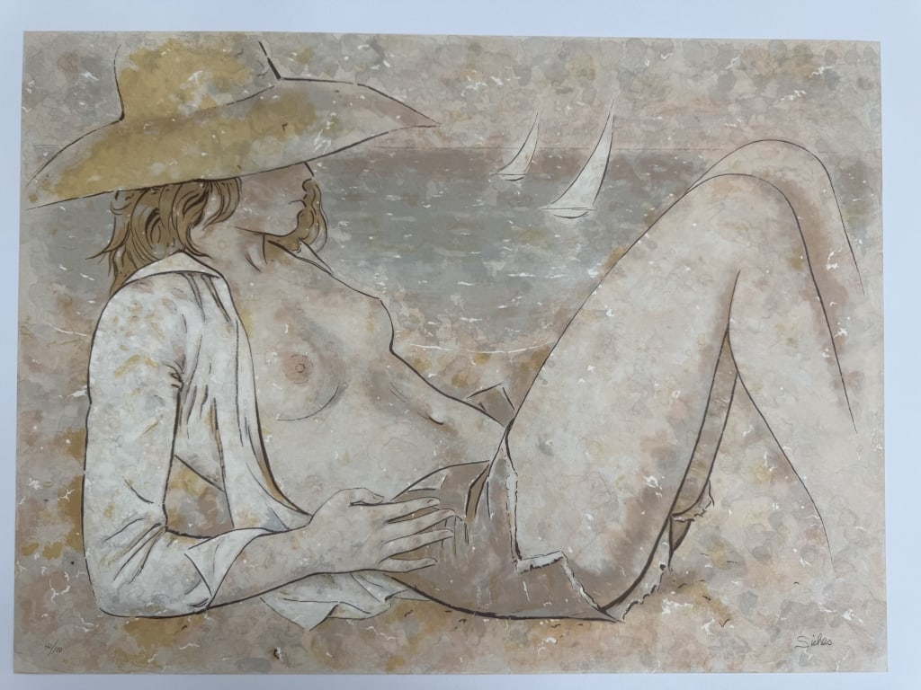 Alexandre Siches Piera (1927-2009) Lithograph: Alexandre Siches Piera, Spanish (1927-2009) signed lithograph "Nude at the Beach". Signed lower right, numbered 42/100 lower left and embossed upper right. Signed in pencil. In good condition. Measure