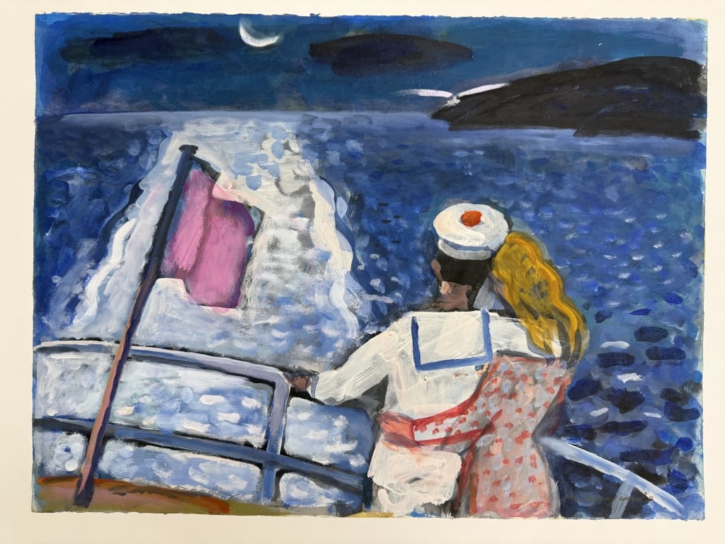 Artist Unknown Gouache/Paper: Artist unknown gouache on paper "Lovers on the Water". Signed illegibly lower right. Wear along the edges of the work, otherwise in good condition. Measures 22 1/4" x 29 7/8" 7A