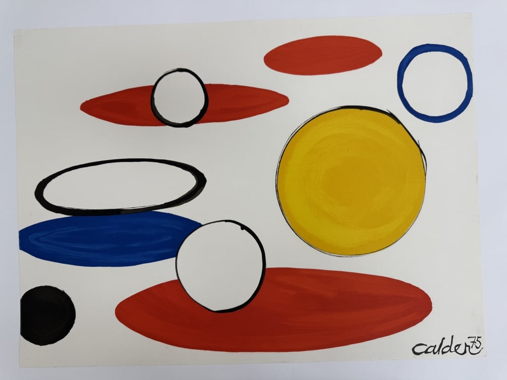 Alexander Calder (1898-1976) Color Print: Attributed to: Alexander Calder, American (1898-1976) color print "White Circles and Ellipses". Signature printed lower right. Minor creases on bottom corners of the work, otherwise in good condition.
