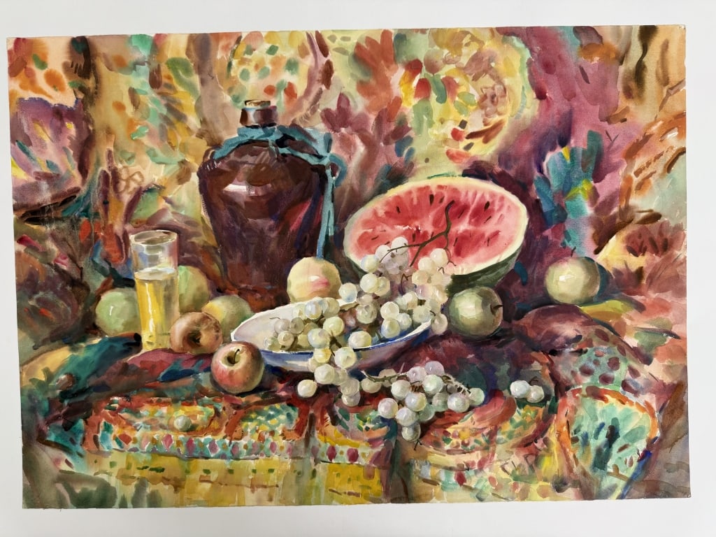 Artist Unknown Watercolor/Paper: Artist unknown watercolor on paper "Expressionist Still Life". Unsigned. Minor pinholes along the edges of the work, otherwise in good condition. Measures 27 3/8" x 39 1/8" 7A