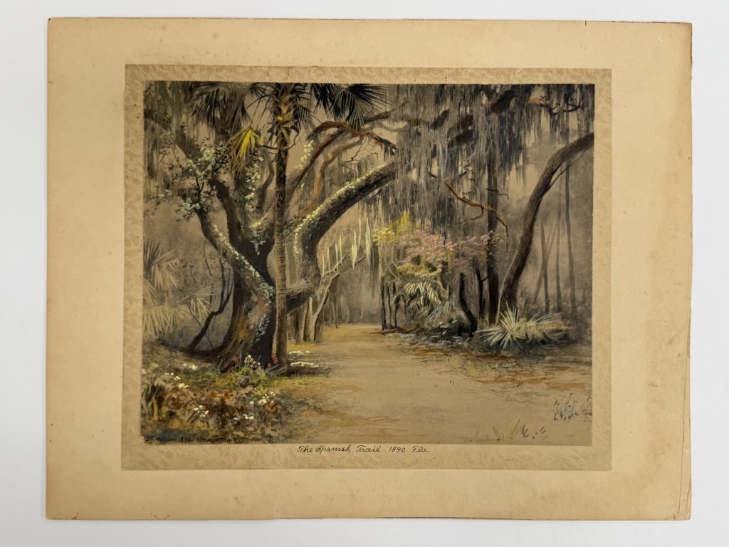 J.R Wilcox (1866-1915) Watercolor/Paper: James Ralph Wilcox, American (1866-1915) watercolor on paper "The Spanish Trail". Signed, dated 1890 and titled lower left. Title, date and location 'Fla' written lower center of second paper. Backed