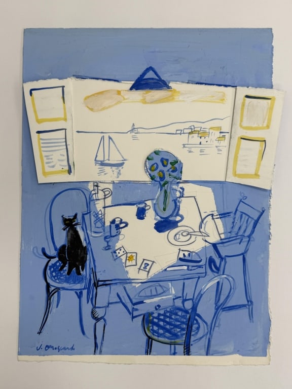 Josep Moscardo (b. 1953) Mixed Media/Paper: Josep Moscardo, Spanish (b.1953) mixed mediia on paper "Apartment by the Water". Signed lower right. Work is a 'pop-up art' piece with a piece of the paper folded over to add depth to the window and d