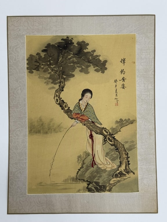 Artist Unknown Chinese Print On Silk: Artist unknown Chinese print on silk "Woman Fishing in the River". Writing and seal printed upper right. Backed by paper and bordered with decorative silk. Blemishes along the bottom of the border and