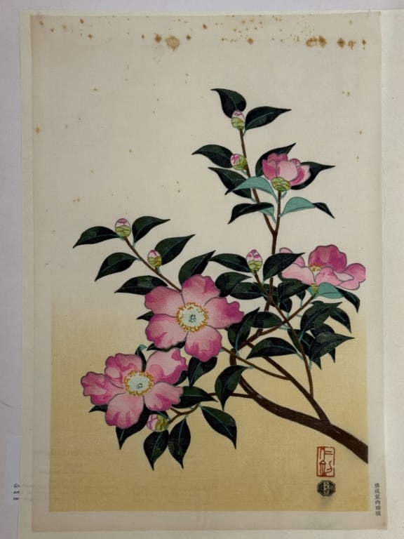 Nisaburo Ito (1905-2001) Woodblock Print On Silk: Nisaburo Ito, Japanese (1905-2001) woodblock print on silk "Tea-oil Plant". Seal stamped lower right. Backed by paper and in a paper folder. Information attatched inside folder. Blemishes along the mi